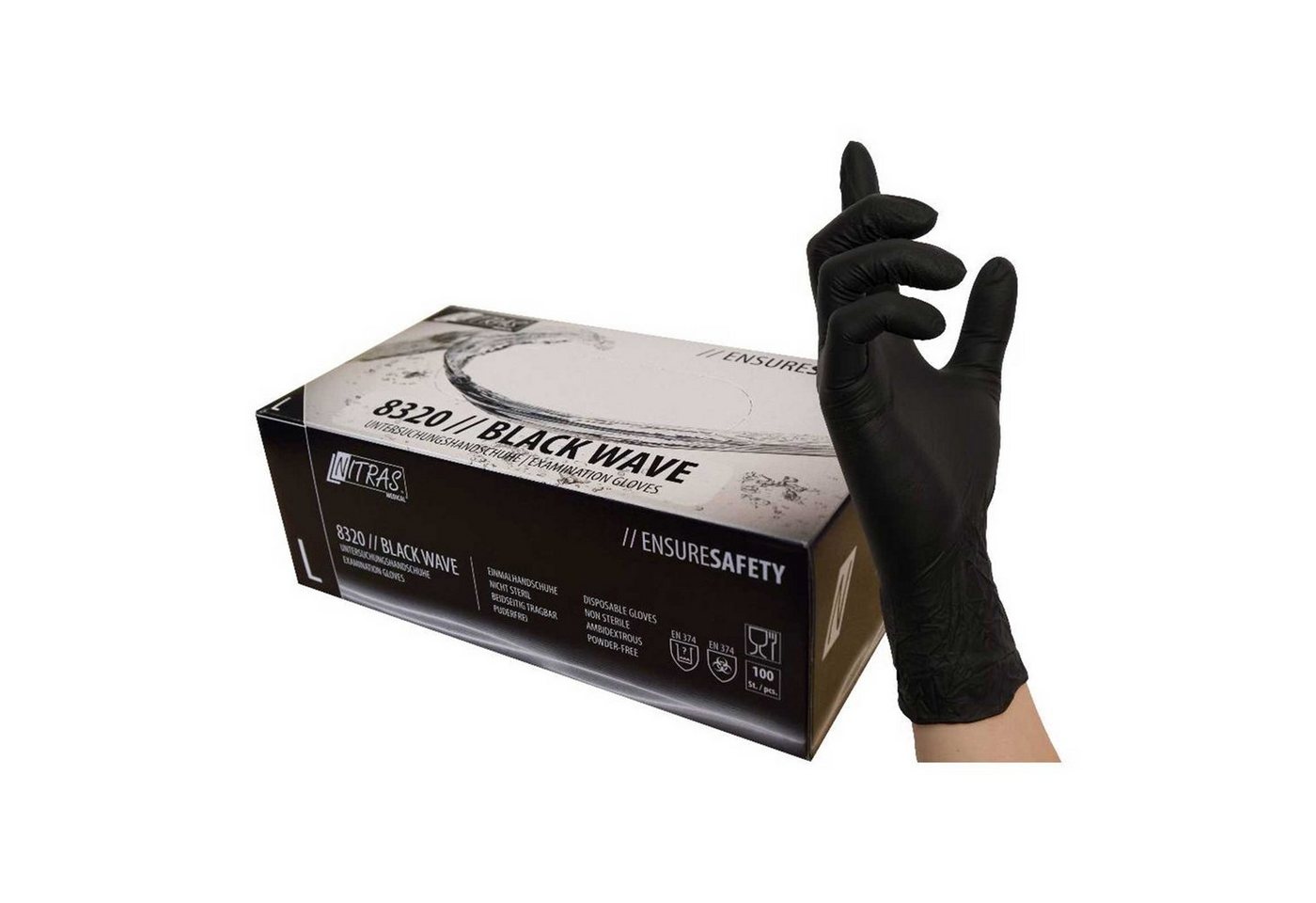 Nitras Medical Nitril-Handschuhe NITRAS 8320 Black Wave Einmalhandschuhe -Handschuhe puderfrei reißfest (Spar-Set) von Nitras Medical