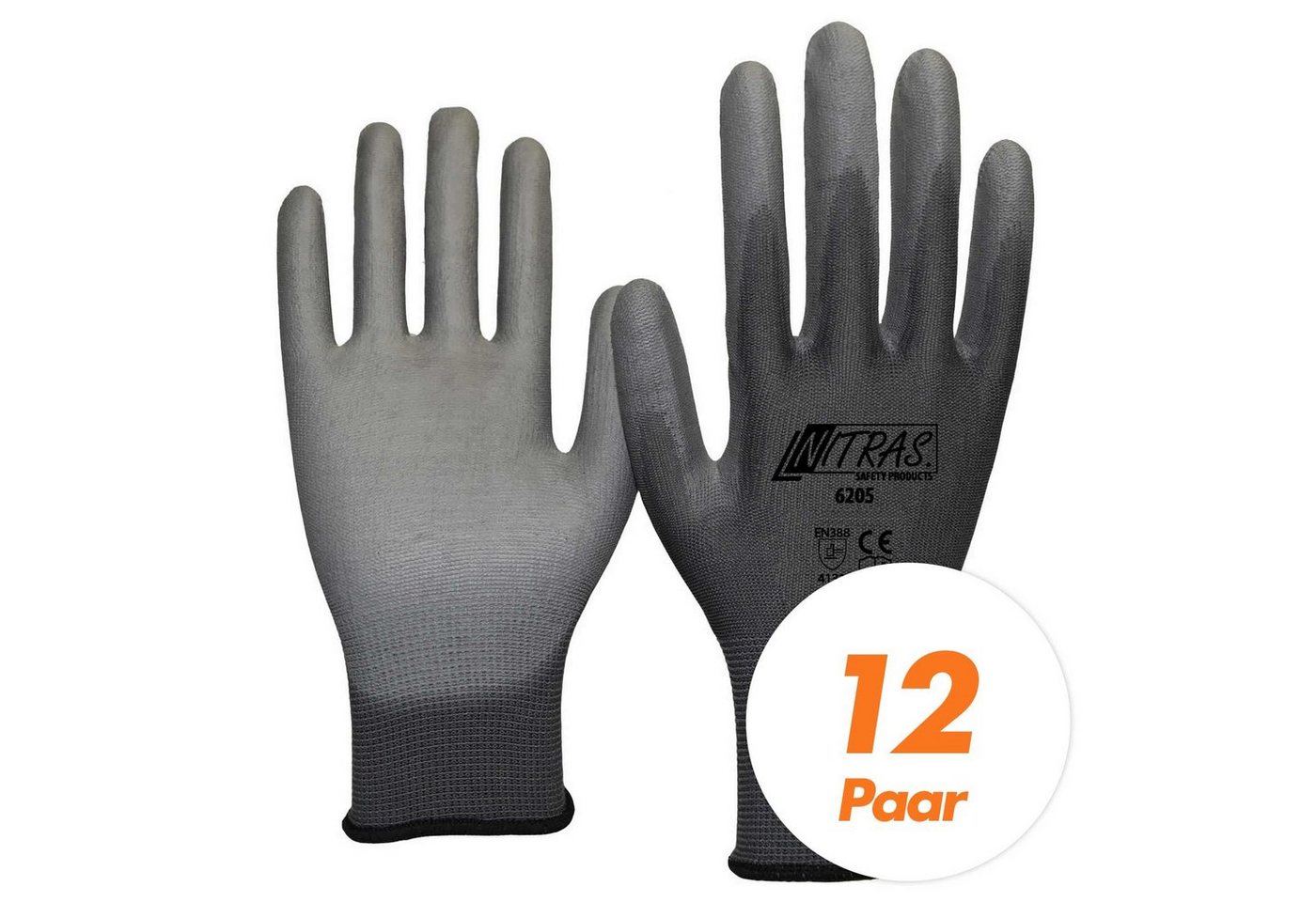 Nitras Nitril-Handschuhe NITRAS 6205 Nylon Strickhandschuh grau, Gartenhandschuhe - 12 Paar (Spar-Set) von Nitras