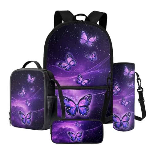 Nittanovaca 4-in-1-Schultaschen-Set für Kinder, Teenager, Rucksack und Lunchtasche, Set für Schüler, Büchertasche für Reisen, Violetter Schmetterling, Schulranzen-Set von Nittanovaca