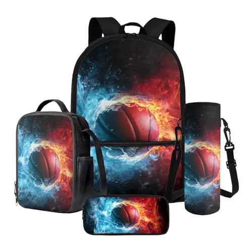Nittanovaca 4-teiliges Schultaschen-Set für Kinder, Rucksack und Lunchtasche, lässige Büchertasche, Stifteetui für Vorschule, Mehrfarbiger Feuer-Basketball, Schulranzen-Set von Nittanovaca