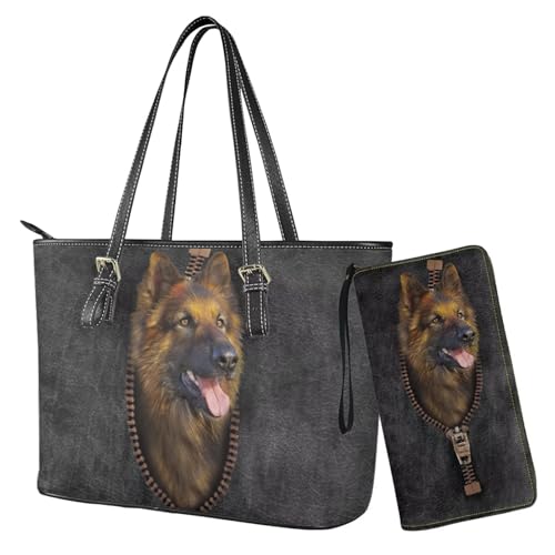 Nittanovaca Bedruckte Handtasche mit deutschem Schäferhund, Damen-Schultertaschen und Geldbörse, 2er-Set, leichte Geldbörse mit Reißverschluss für Dating und Einkaufen von Nittanovaca