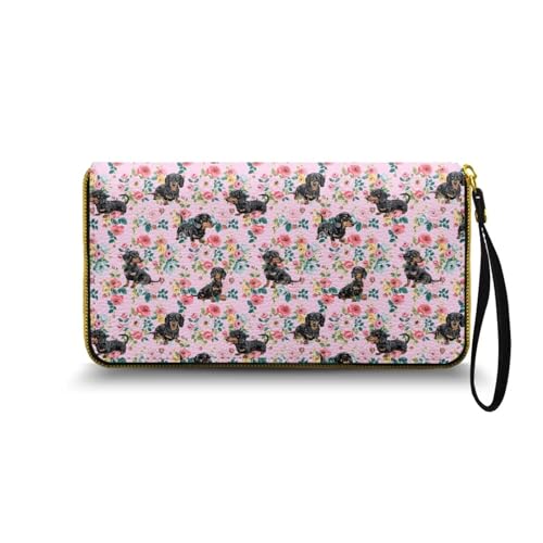 Nittanovaca Blumen Dackel Gedruckt Geldbörse Damen groß im Langformat, Geldbeutel mit Gedruckt auf Leder, Reißverschluss Geldbörse, Portemonnaie mit vielen Fächern1 von Nittanovaca