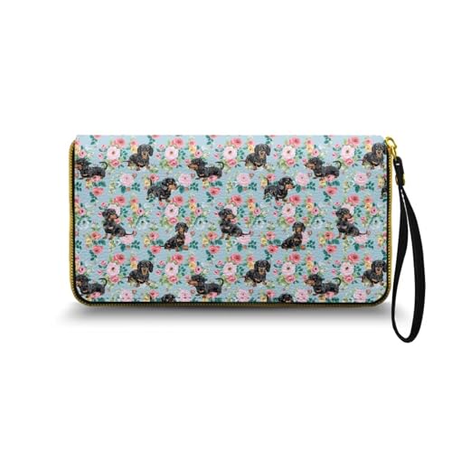 Nittanovaca Blumen Dackel Gedruckt Geldbörse Damen groß im Langformat, Geldbeutel mit Gedruckt auf Leder, Reißverschluss Geldbörse, Portemonnaie mit vielen Fächern1 von Nittanovaca
