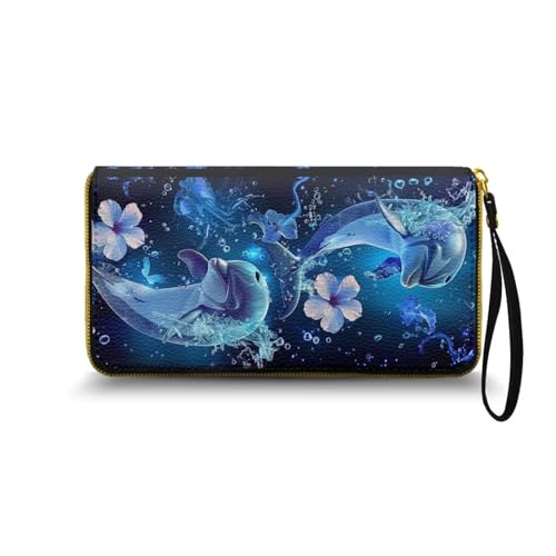 Nittanovaca Blumendolphin Gedruckt Geldbörse Damen groß im Langformat, Geldbeutel mit Gedruckt auf Leder, Reißverschluss Geldbörse, Portemonnaie mit vielen Fächern1 von Nittanovaca