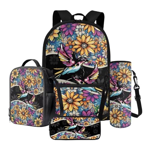 Nittanovaca Cartoon-Rucksack-Set für Kinder, Lernrucksack und Lunchtasche, Schultasche, Federmäppchen für die Grundschule, Mehrfarbige Kolibri-Blume, Schulranzen-Set Nittanovaca Cartoon-Rucksack-Set für Kinder, Lernrucksack und Lunchtasche, Schultasche, Federmäppchen für die Grundschule, Mehrfarbige Kolibri-Blume, Schulranzen-Set von Nittanovaca