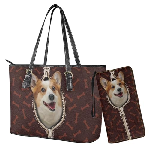 Nittanovaca Corgi Handtasche Schultertasche Set, Corgi Knochen bedruckte Handtasche mit passender Geldbörse, wasserdichte Schultertasche mit verstellbarem Riemen zum Einkaufen, Spazierengehen von Nittanovaca