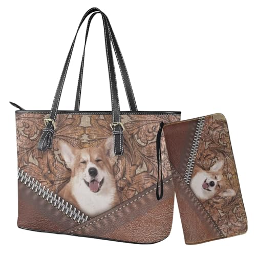Nittanovaca Corgi bedruckte Handtasche mit Geldbörse für Damen, Leder-Schultertasche mit Handgelenk, Geldbörsen-Set, Tragegriff oben, Lederhandtasche und Geldbörse für Party von Nittanovaca