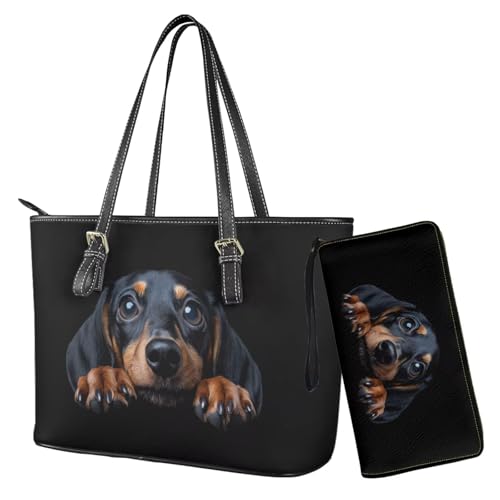 Nittanovaca Dackel bedrucktes Damen-Handtaschen-Set, wasserdichte Handtasche mit Tragegriff oben, Umhängetasche, Schultertasche mit passendem Geldbörsen-Set von Nittanovaca