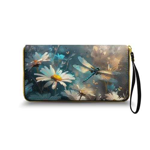 Nittanovaca Daisy Dragonfly Gedruckt Geldbörse Damen groß im Langformat, Geldbeutel mit Gedruckt auf Leder, Reißverschluss Geldbörse, Portemonnaie mit vielen Fächern1 von Nittanovaca