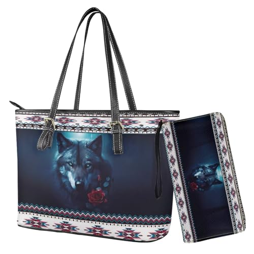 Nittanovaca Damen-Geldbörsen- und Handtaschen-Set, 2-teilig, mit Tragegriff oben, wasserdichte Geldbörse, Schultertasche und Geldbörse, Blue-Wolf Rose Aztec von Nittanovaca