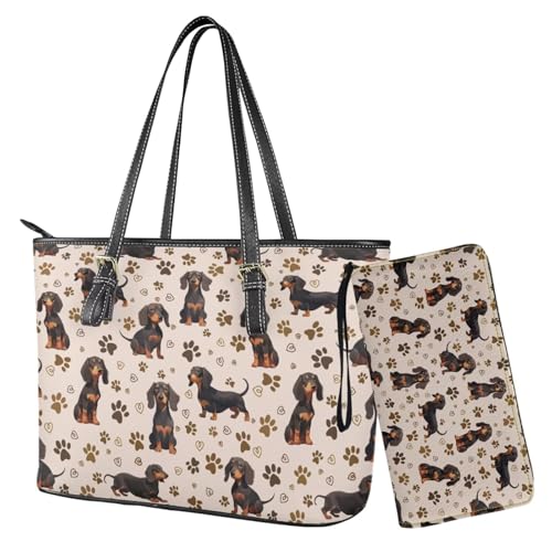 Nittanovaca Damen-Geldbörsen- und Handtaschen-Set, 2-teilig, mit Tragegriff oben, wasserdichte Geldbörse, Schultertasche und Geldbörse, Braune Dackel Pfote von Nittanovaca