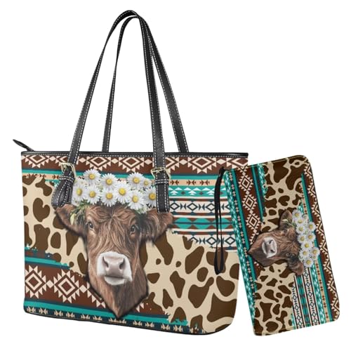 Nittanovaca Damen-Geldbörsen- und Handtaschen-Set, 2-teilig, mit Tragegriff oben, wasserdichte Geldbörse, Schultertasche und Geldbörse, Mehrfarbiges Hochlandkuh Gänseblümchen Azteken Nittanovaca Damen-Geldbörsen- und Handtaschen-Set, 2-teilig, mit Tragegriff oben, wasserdichte Geldbörse, Schultertasche und Geldbörse, Mehrfarbiges Hochlandkuh Gänseblümchen Azteken von Nittanovaca