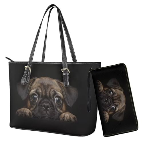 Nittanovaca Damen-Geldbörsen- und Handtaschen-Set, 2-teilig, mit Tragegriff oben, wasserdichte Geldbörse, Schultertasche und Geldbörse, Schwarzer Mops von Nittanovaca