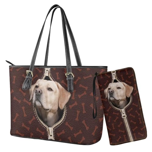 Nittanovaca Damen Handtasche mit Labrador-Knochen-Aufdruck, 2er-Set, Tragegriff oben mit passender Geldbörse, Tragetasche, Handtasche mit Geldbörse, Set für Reisen, Urlaub von Nittanovaca