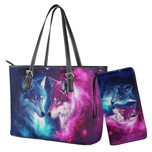 Nittanovaca Damen-Handtaschen, Geldbörsen-Set, Leder-Schultertaschen, Tragetasche, Tragegriff oben, Handtasche mit Reißverschluss, Blau und Pink-Wolf von Nittanovaca
