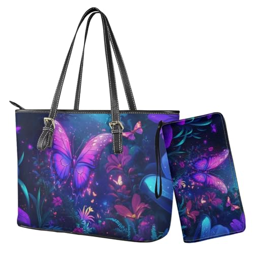 Nittanovaca Damen-Handtaschen, Geldbörsen-Set, Leder-Schultertaschen, Tragetasche, Tragegriff oben, Handtasche mit Reißverschluss, Blaue Schmetterlingsblume von Nittanovaca