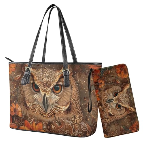 Nittanovaca Damen-Handtaschen, Geldbörsen-Set, Leder-Schultertaschen, Tragetasche, Tragegriff oben, Handtasche mit Reißverschluss, Braun-Eule Blume von Nittanovaca