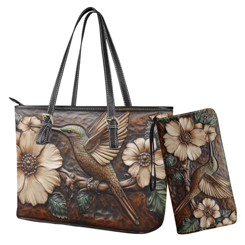 Nittanovaca Damen-Handtaschen, Geldbörsen-Set, Leder-Schultertaschen, Tragetasche, Tragegriff oben, Handtasche mit Reißverschluss, Brauner Kolibri-Blume von Nittanovaca