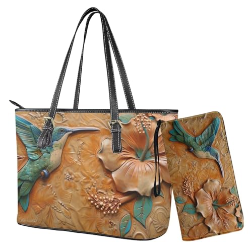 Nittanovaca Damen-Handtaschen, Geldbörsen-Set, Leder-Schultertaschen, Tragetasche, Tragegriff oben, Handtasche mit Reißverschluss, Brauner Kolibri-Hibiskus von Nittanovaca