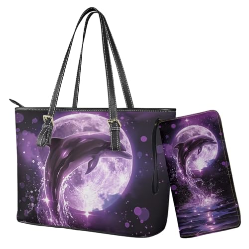Nittanovaca Damen-Handtaschen, Geldbörsen-Set, Leder-Schultertaschen, Tragetasche, Tragegriff oben, Handtasche mit Reißverschluss, Lila-Delphin Moon von Nittanovaca