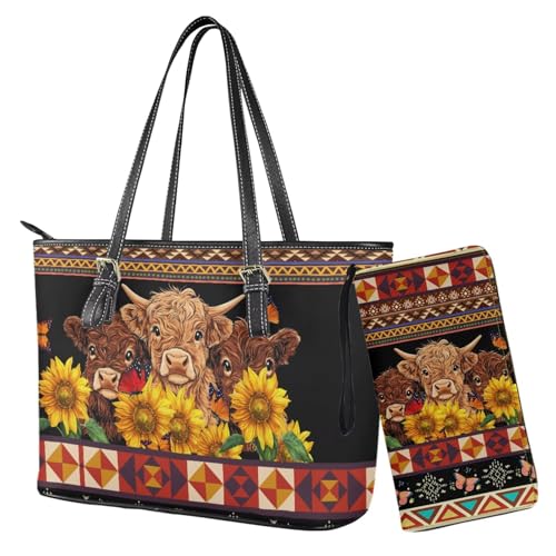 Nittanovaca Damen-Handtaschen, Geldbörsen-Set, Leder-Schultertaschen, Tragetasche, Tragegriff oben, Handtasche mit Reißverschluss, Mehrfarbiges Hochlandkuh Sonnenblume Azteken von Nittanovaca