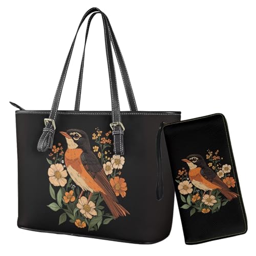 Nittanovaca Damen-Handtaschen, Geldbörsen-Set, Leder-Schultertaschen, Tragetasche, Tragegriff oben, Handtasche mit Reißverschluss, Schwarz-Rotkehlchen-Blume von Nittanovaca