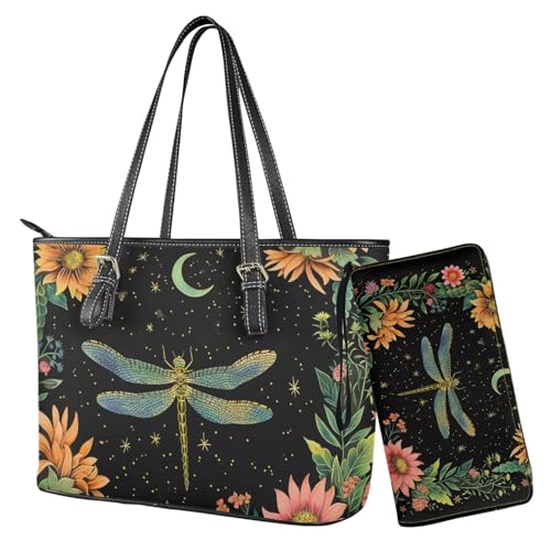 Nittanovaca Damen-Handtaschen, Geldbörsen-Set, Leder-Schultertaschen, Tragetasche, Tragegriff oben, Handtasche mit Reißverschluss, Schwarze Libellen-Blume von Nittanovaca