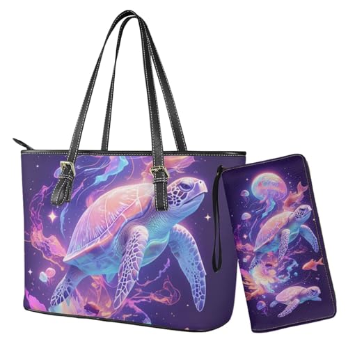 Nittanovaca Damen-Handtaschen, Geldbörsen-Set, Leder-Schultertaschen, Tragetasche, Tragegriff oben, Handtasche mit Reißverschluss, Violette Meeresschildkrötenquallen von Nittanovaca