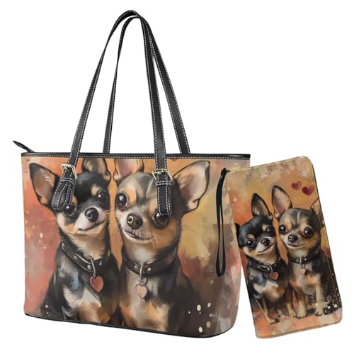 Nittanovaca Damen-Handtaschen-Set, Leder-Schultertaschen, Tragetasche, Tragegriff oben, Handtasche mit Reißverschluss, Mehrfarbig-Chihuahua von Nittanovaca