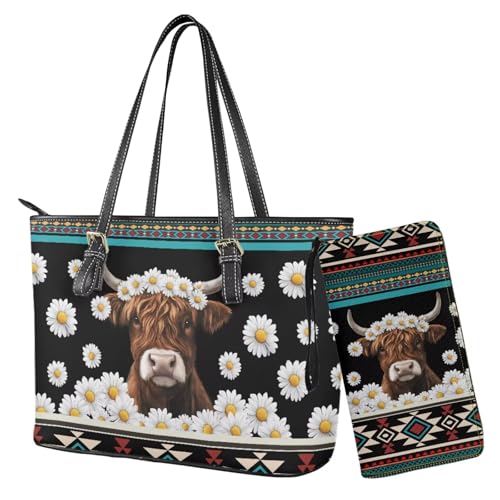 Nittanovaca Damen-Handtaschen-Set, Ledertasche, Handtasche mit Handgelenk, Tragegriff oben für Damen, Black-Highland Cow Daisy Aztec von Nittanovaca