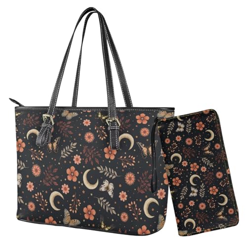 Nittanovaca Damen-Handtaschen-Set, Ledertasche, Handtasche mit Handgelenk, Tragegriff oben für Damen, Black-butterfly Flower Moon von Nittanovaca