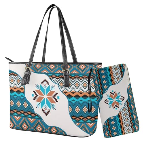 Nittanovaca Damen-Handtaschen-Set, Ledertasche, Handtasche mit Handgelenk, Tragegriff oben für Damen, Blau-Aztekenmuster von Nittanovaca