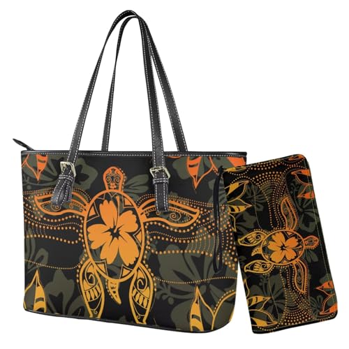 Nittanovaca Damen-Handtaschen-Set, Ledertasche, Handtasche mit Handgelenk, Tragegriff oben für Damen, Green-Turtle Hibiscus von Nittanovaca