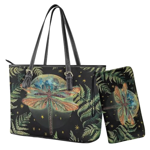 Nittanovaca Damen-Handtaschen-Set, Ledertasche, Handtasche mit Handgelenk, Tragegriff oben für Damen, Grünes Libellenblatt von Nittanovaca