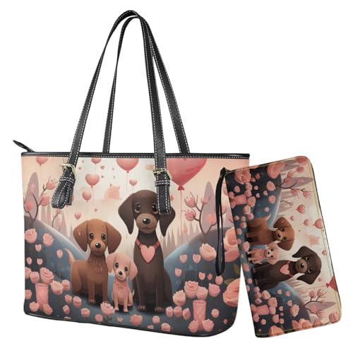 Nittanovaca Damen-Handtaschen-Set, Ledertasche, Handtasche mit Handgelenk, Tragegriff oben für Damen, Mehrfarbige Dackel-Blume von Nittanovaca