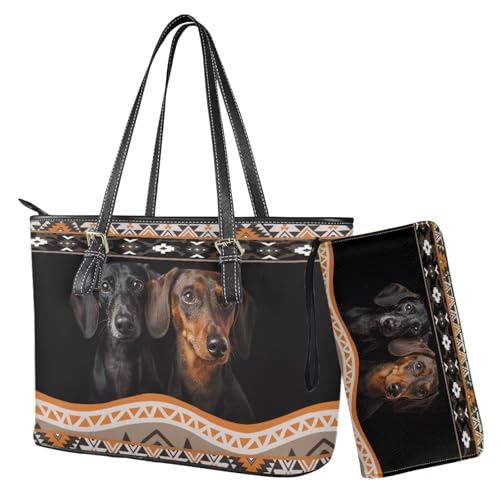 Nittanovaca Damen-Handtaschen-Set, Ledertasche, Handtasche mit Handgelenk, Tragegriff oben für Damen, Schwarz-Dackel Aztec von Nittanovaca