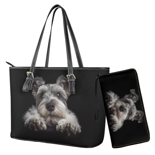 Nittanovaca Damen-Handtaschen-Set, Ledertasche, Handtasche mit Handgelenk, Tragegriff oben für Damen, Schwarzschnauzer von Nittanovaca