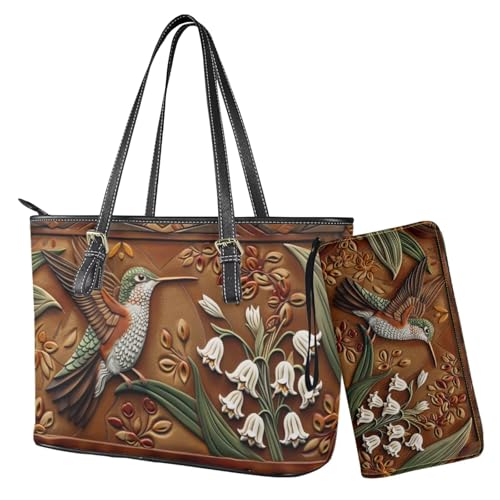 Nittanovaca Damen-Handtaschen-Set, Umhängetasche, Geldbörse, wasserdicht, Tragetasche mit Geldbörsen-Set für Damen, Braunes Kolibri-Blumenmuster von Nittanovaca