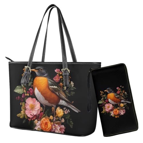 Nittanovaca Damen-Handtaschen-Set, Umhängetasche, wasserdichte Tragetasche mit Geldbörse, Set für Arbeit, Lederhandtasche mit Geldbörse, Black-Sparrow Flower von Nittanovaca