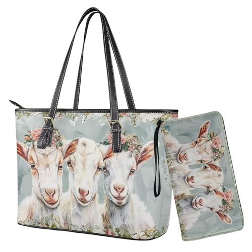 Nittanovaca Damen-Handtaschen-Set, Umhängetasche, wasserdichte Tragetasche mit Geldbörse, Set für Arbeit, Lederhandtasche mit Geldbörse, Grüne Schaf-Blume von Nittanovaca