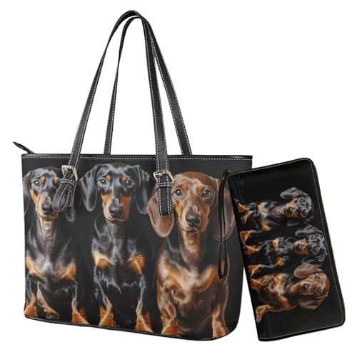 Nittanovaca Damen-Handtaschen-Set, Umhängetasche, wasserdichte Tragetasche mit Geldbörse, Set für Arbeit, Lederhandtasche mit Geldbörse, Schwarz-Dackel von Nittanovaca