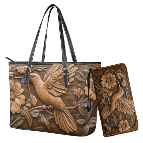 Nittanovaca Damen-Handtaschen-Sets, Umhängetasche, wasserdicht, Tragetasche mit Geldbörse, Set für Damen, Lederhandtasche mit Geldbörse, Brauner Kolibri-Blume von Nittanovaca