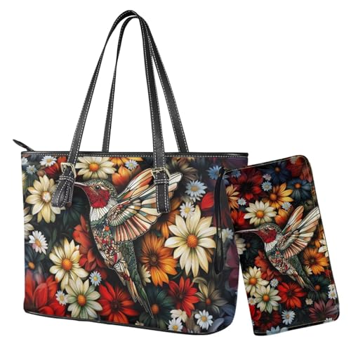 Nittanovaca Damen-Handtaschen-Sets, Umhängetasche, wasserdicht, Tragetasche mit Geldbörse, Set für Damen, Lederhandtasche mit Geldbörse, Mehrfarbig-Kolibri-Gänseblümchen von Nittanovaca