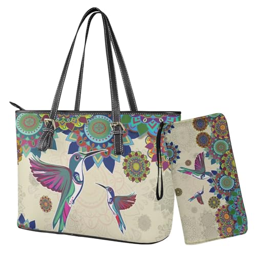 Nittanovaca Damen-Handtaschen-Sets, Umhängetasche, wasserdicht, Tragetasche mit Geldbörse, Set für Damen, Lederhandtasche mit Geldbörse, Mehrfarbige Kolibri-Mandala-Blume von Nittanovaca
