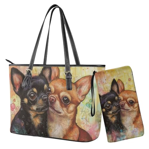 Nittanovaca Damen-Tragetasche für Damen, 2-teiliges Handtaschen- und Geldbörsen-Set, Leder-Schultertaschen, Handtaschen-Set mit Reißverschluss, Mehrfarbig-Chihuahua von Nittanovaca
