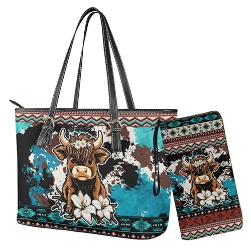 Nittanovaca Damen-Tragetasche für Damen, 2-teiliges Handtaschen- und Geldbörsen-Set, Leder-Schultertaschen, Handtaschen-Set mit Reißverschluss, Mehrfarbig-Highland Cow Lily Aztec von Nittanovaca
