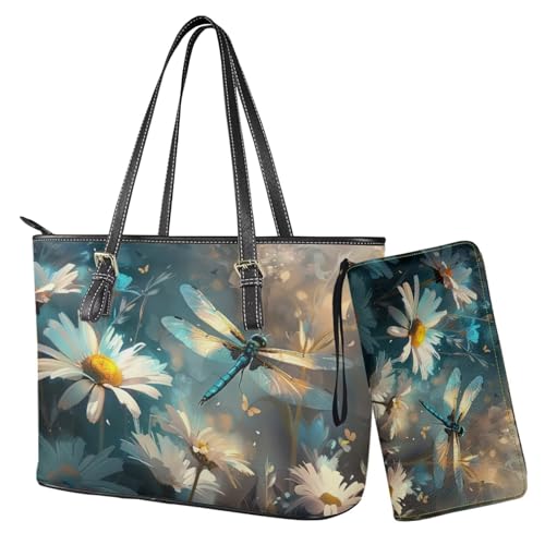 Nittanovaca Damen-Tragetasche für Damen, 2-teiliges Handtaschen- und Geldbörsen-Set, Leder-Schultertaschen, Handtaschen-Set mit Reißverschluss, Mehrfarbige Libellen-Gänseblümchen von Nittanovaca