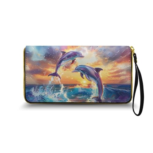 Nittanovaca Delphin Gedruckt Geldbörse Damen groß im Langformat, Geldbeutel mit Gedruckt auf Leder, Reißverschluss Geldbörse, Portemonnaie mit vielen Fächern1 von Nittanovaca