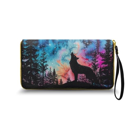 Nittanovaca Galaxie Wolf Gedruckt Geldbörse Damen groß im Langformat, Geldbeutel mit Gedruckt auf Leder, Reißverschluss Geldbörse, Portemonnaie mit vielen Fächern1 von Nittanovaca