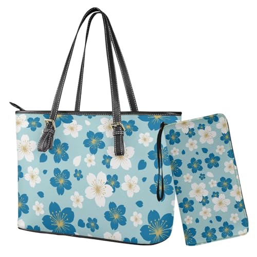 Nittanovaca Geldbörsen- und Handtaschen-Set, Handtaschen-Set mit Reißverschluss, wasserdichte Geldbörse, Schultertasche, Tragegriff oben, Geldbörse, Blau-Kirschblüte von Nittanovaca